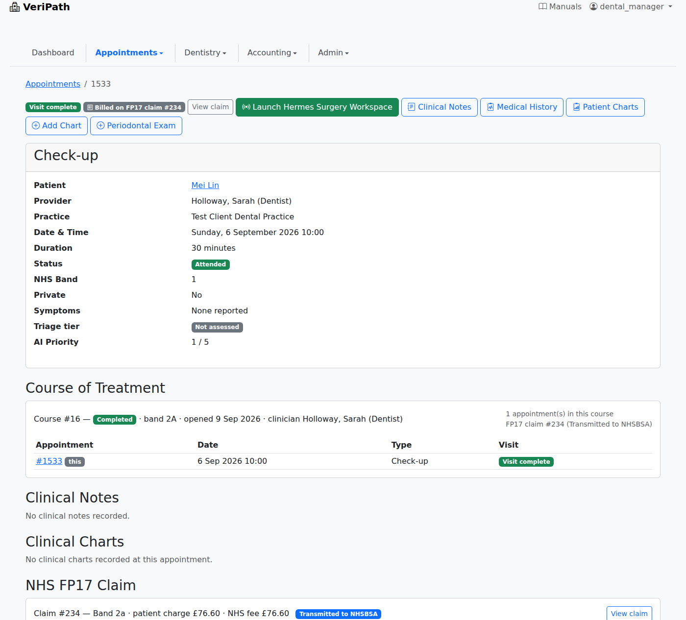 VeriPath Dental — an appointment showing its completed course of treatment and the FP17 claim it produced