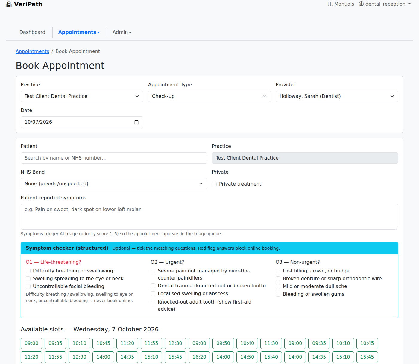 VeriPath Dental — the Book Appointment form, with the patient, the funding choice, the appointment type and the reported symptoms on one screen