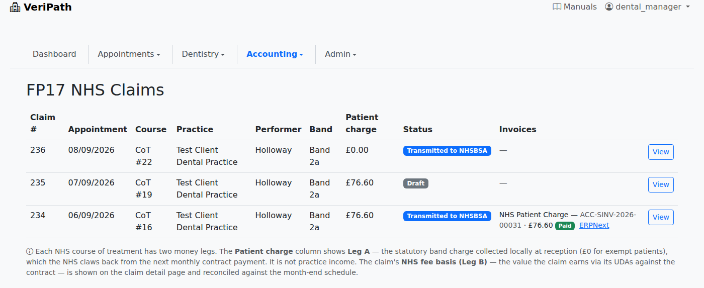 VeriPath Dental — the FP17 NHS Claims list, with each claim's band, patient charge, status and the invoice raised for it