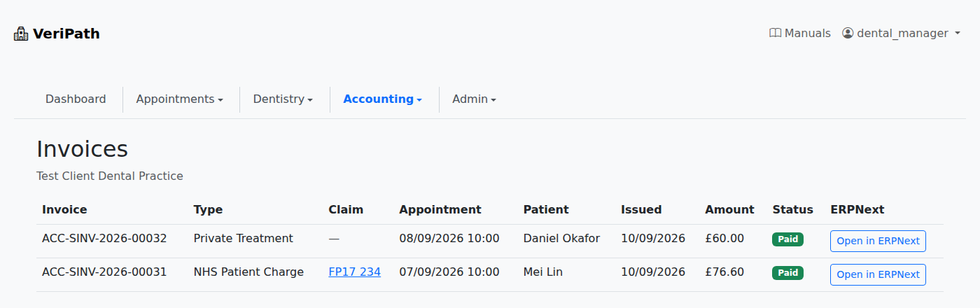 VeriPath Dental — the Invoices list: each charge with its ERPNext document name, band claim, patient, amount and status