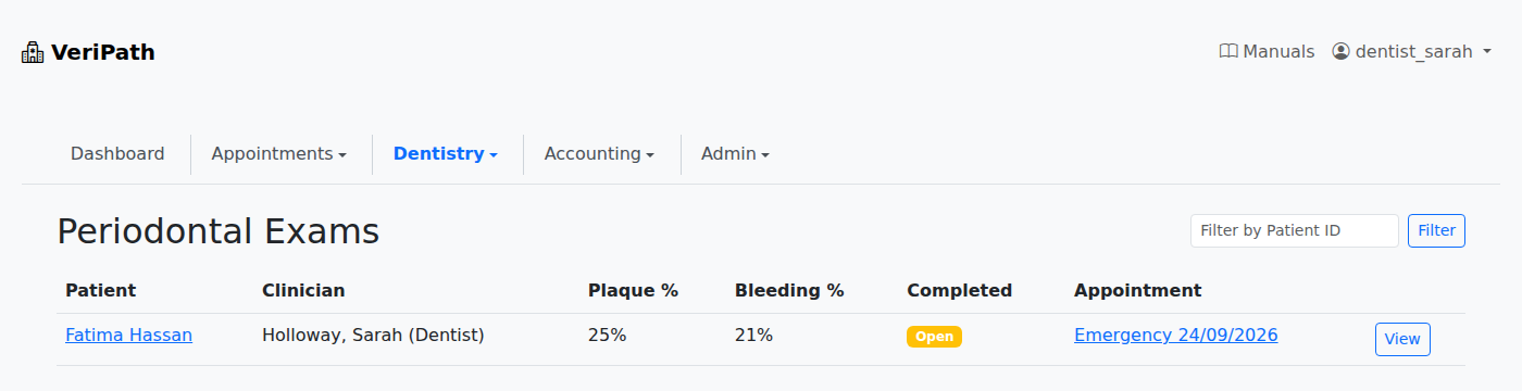 VeriPath Dental — the periodontal exam list, with the plaque and bleeding scores for each exam