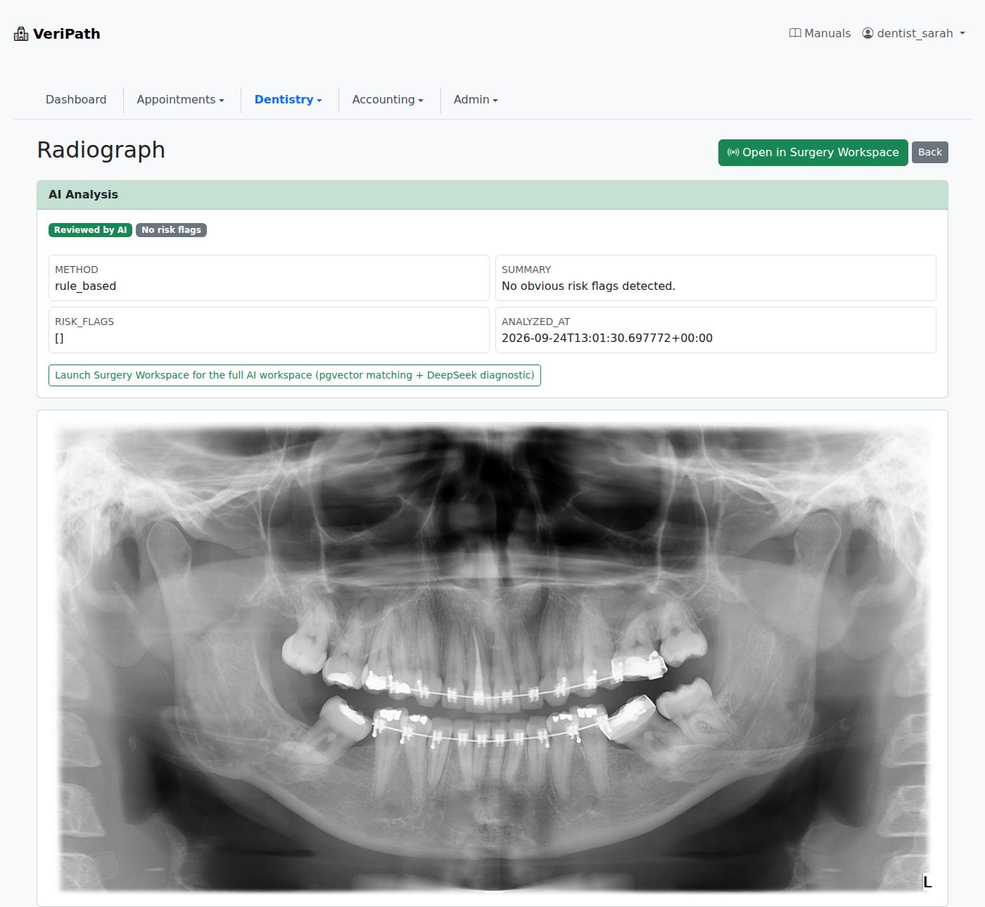VeriPath Dental — a panoramic radiograph on the patient's record, with the automatic review shown above the image