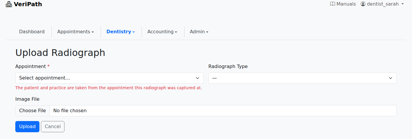 VeriPath Dental — uploading a radiograph against the appointment it was captured at