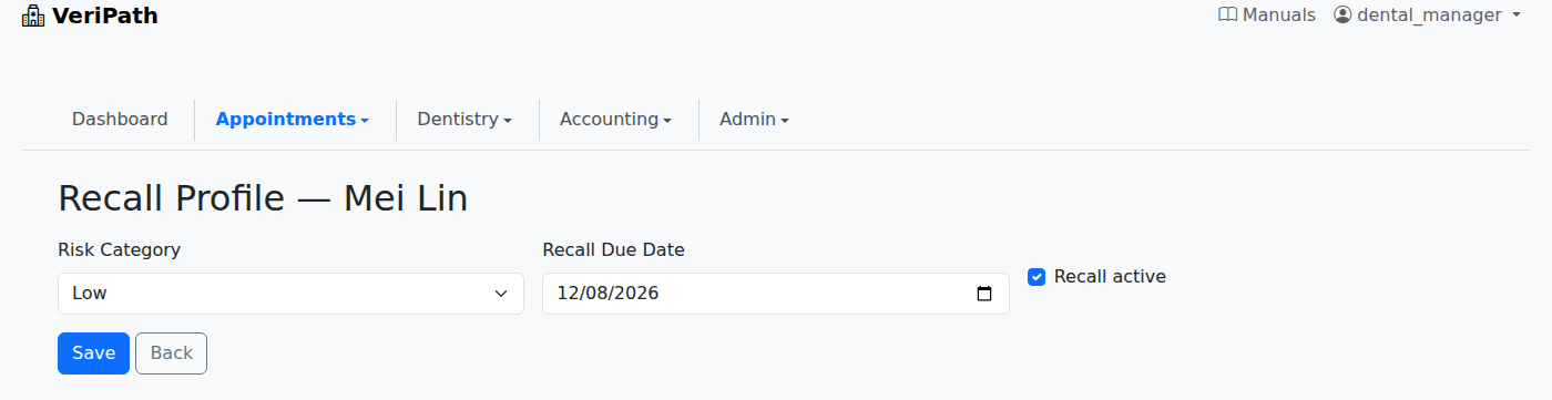VeriPath Dental — a patient's recall profile: risk category, recall due date and the recall switch