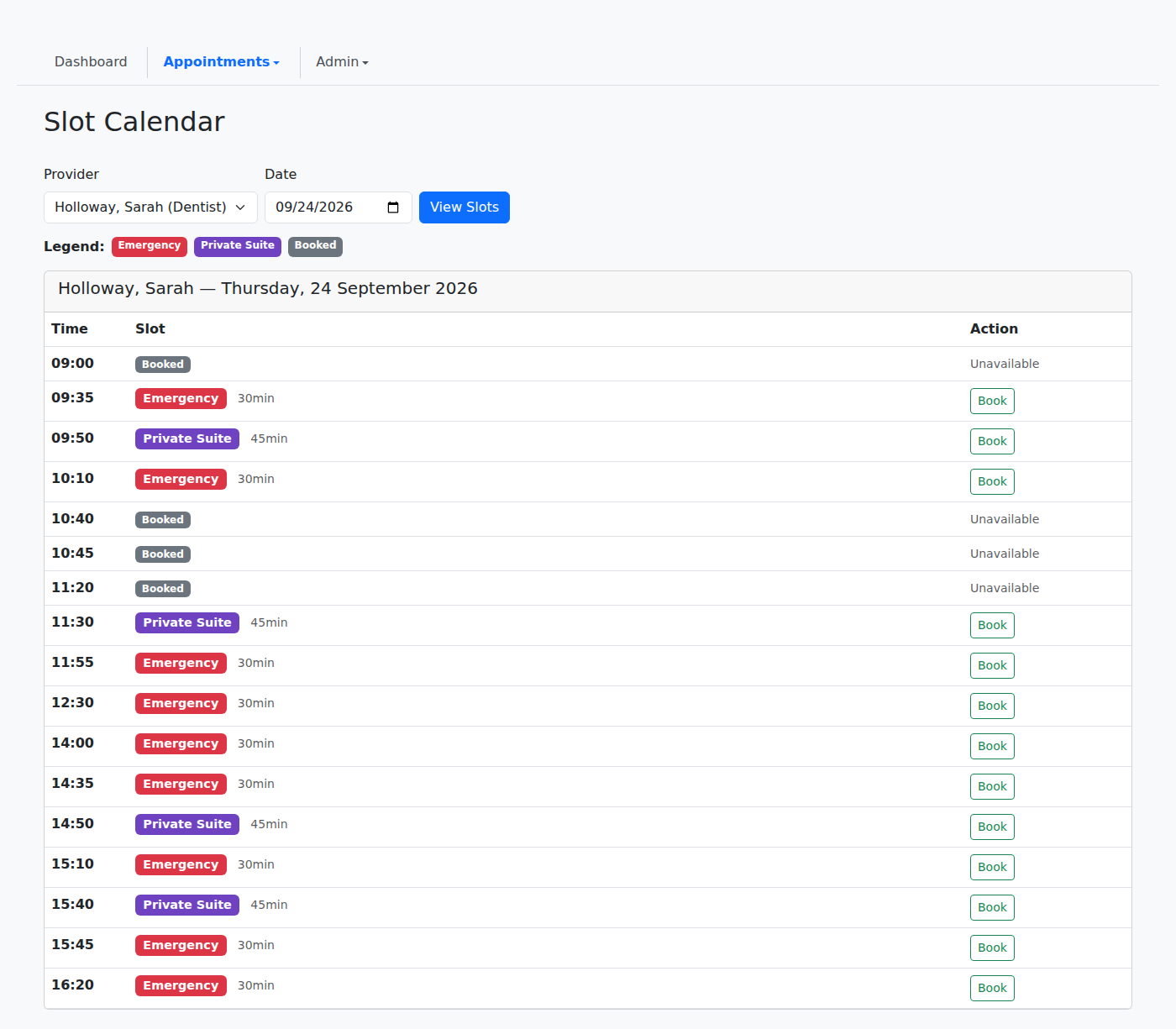 VeriPath Dental — one clinician's day on the slot calendar: colour-coded zones, slot lengths and time already taken shown as unavailable