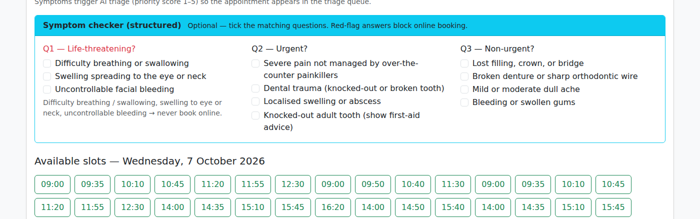 VeriPath Dental — the structured symptom checker on the booking form: life-threatening, urgent and non-urgent questions