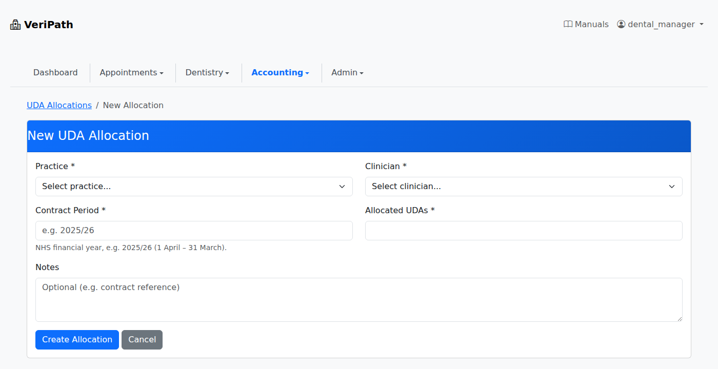VeriPath Dental — recording a clinician's allocation for the contract period