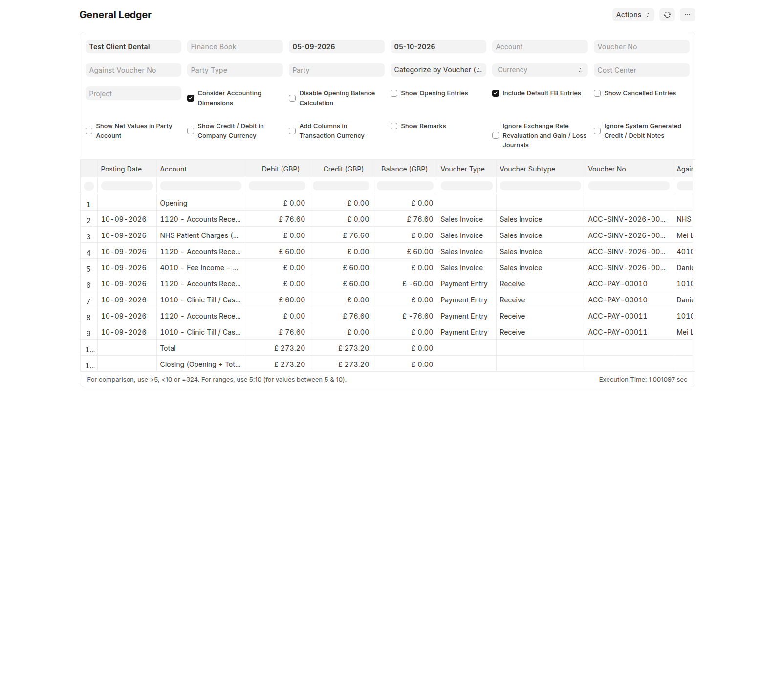 VeriPath Dental — the practice's general ledger: the patient charge posted to the NHS clearing account, and the payment that settled it