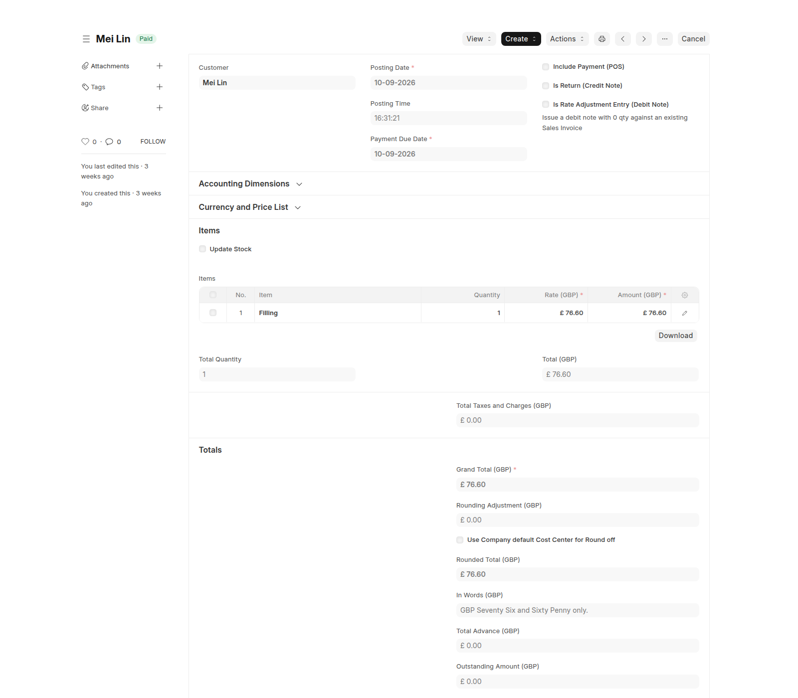 VeriPath Dental — the NHS band charge as it appears in the practice's own ERPNext: the invoice, its patient, its amount and its paid status