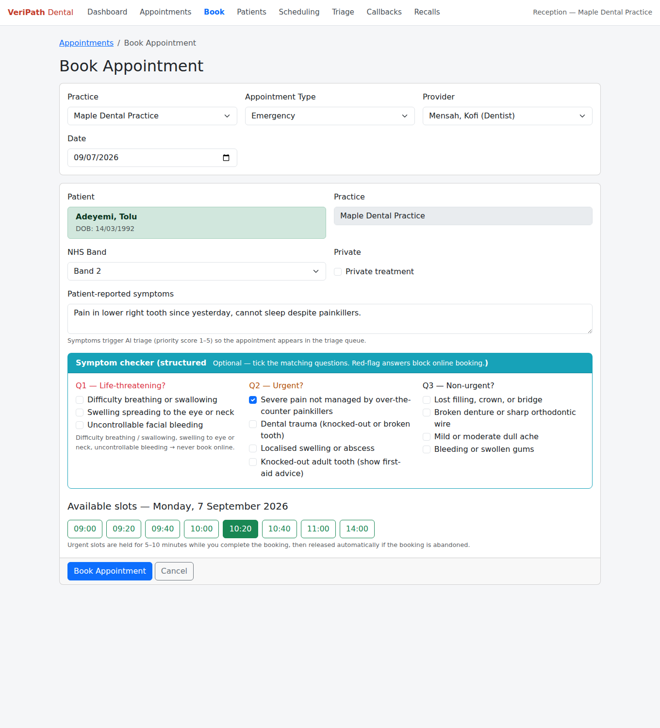 VeriPath Dental — the symptom checker on the Book Appointment screen