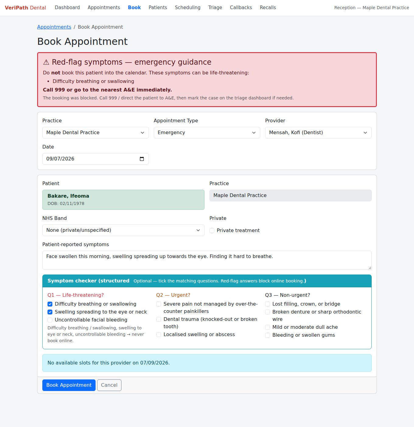 VeriPath Dental — the red-flag hard stop, with the practice's emergency guidance