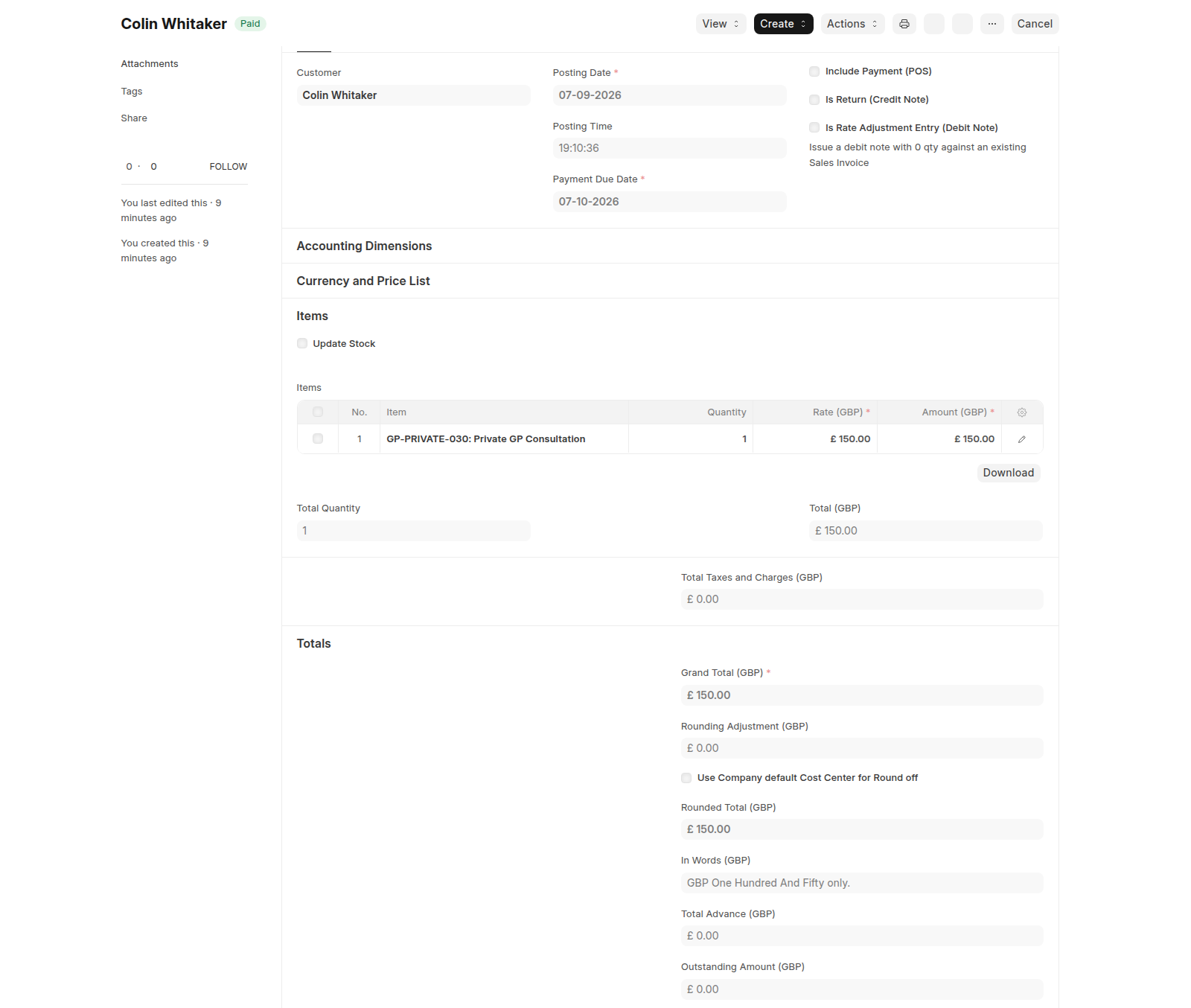 VeriPath Health Clinics — a consultation charge as it stands in the clinic's own accounts: the invoice, its patient, its date, and the payment that settled it