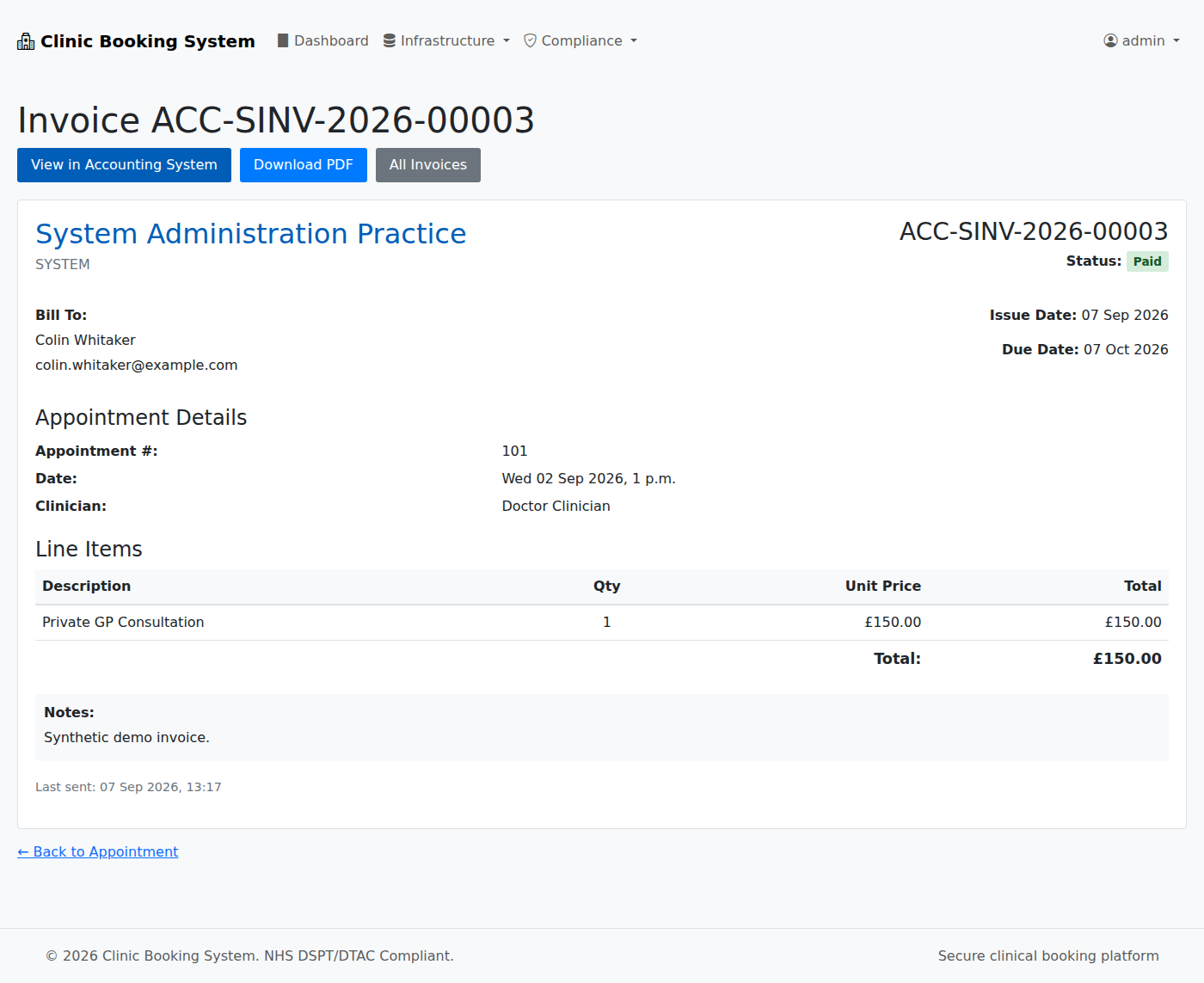 VeriPath Health Clinics — one invoice: the practice, the patient, the charge and its line item, and the button that opens the same invoice in the accounting system