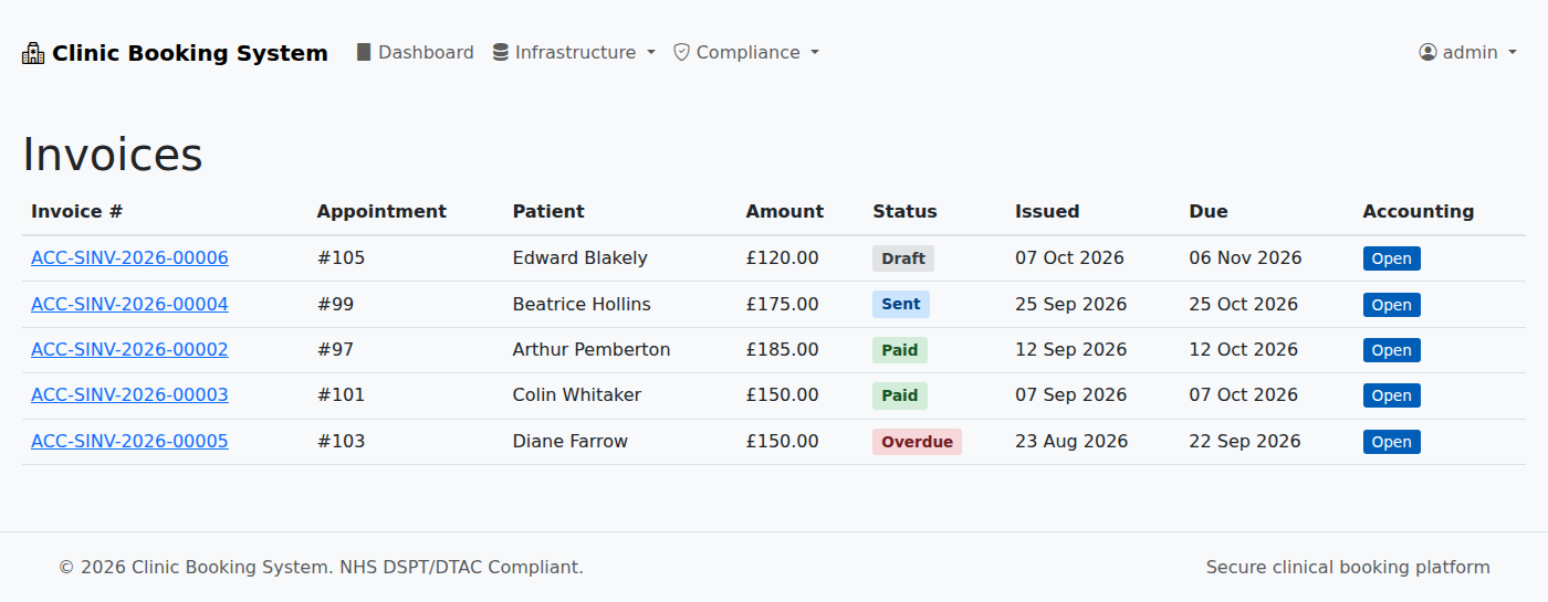 VeriPath Health Clinics — the invoice list: each invoice carrying its accounting document number, with an Accounting link on the charges already posted to the books