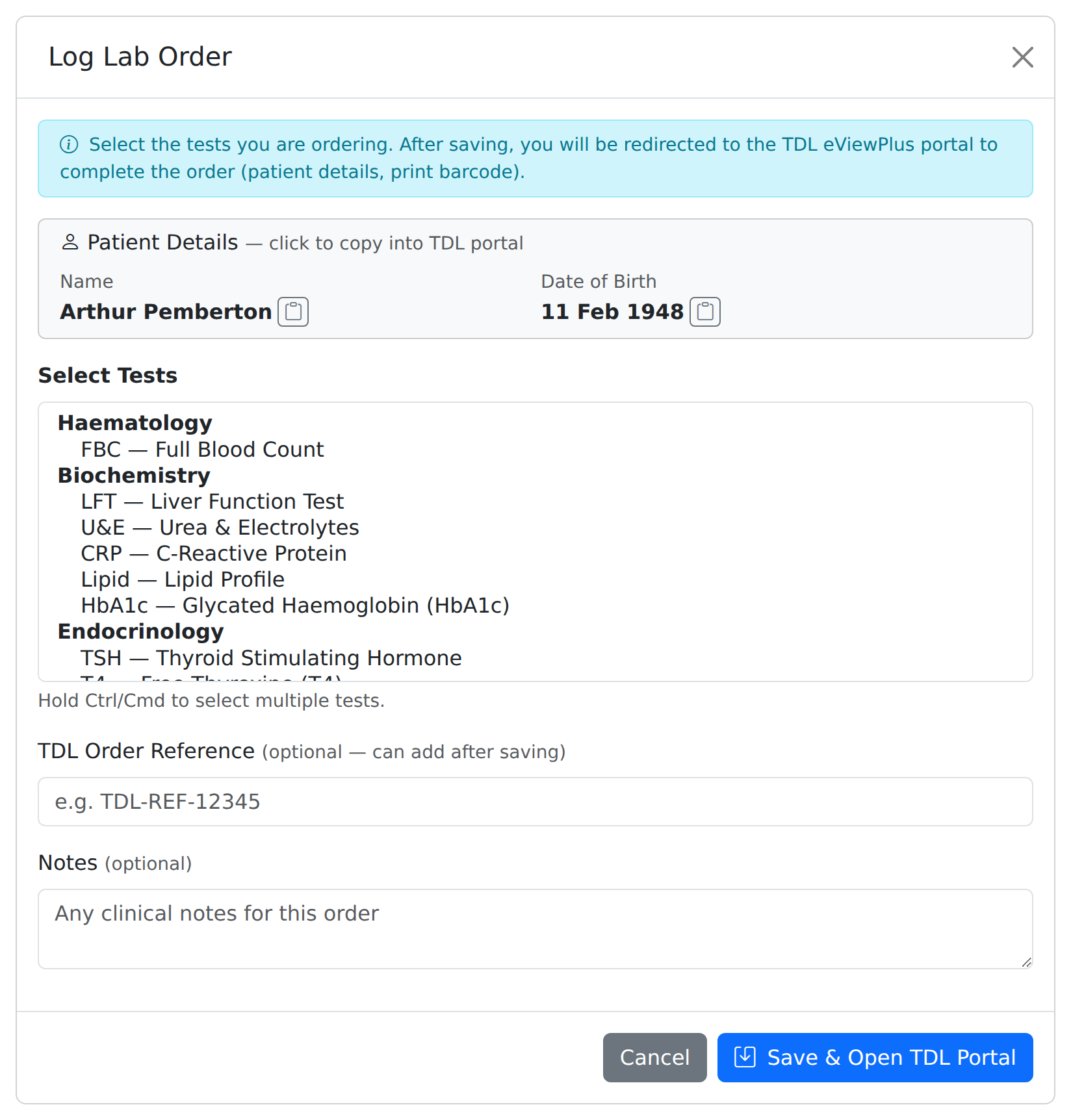 The Log Lab Order modal in VeriPath Health Clinics — the patient's name and date of birth ready to copy into the TDL portal, the test list with the ordered tests ticked, and the TDL reference