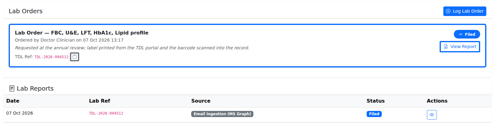 The Lab Orders and Lab Reports cards on a patient's record in VeriPath Health Clinics — the tests ordered, the TDL reference, the filed badge and the report with its source and status