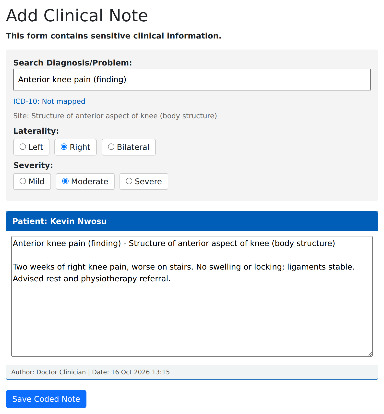 VeriPath Health Clinics — the clinical note form: the diagnosis searched and coded with its site, side and severity in place above the clinician's narrative, with the Save Coded Note button below