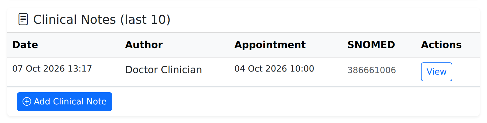 VeriPath Health Clinics — the clinical notes list on a patient's record: date, author, appointment, coded term and a view for each note