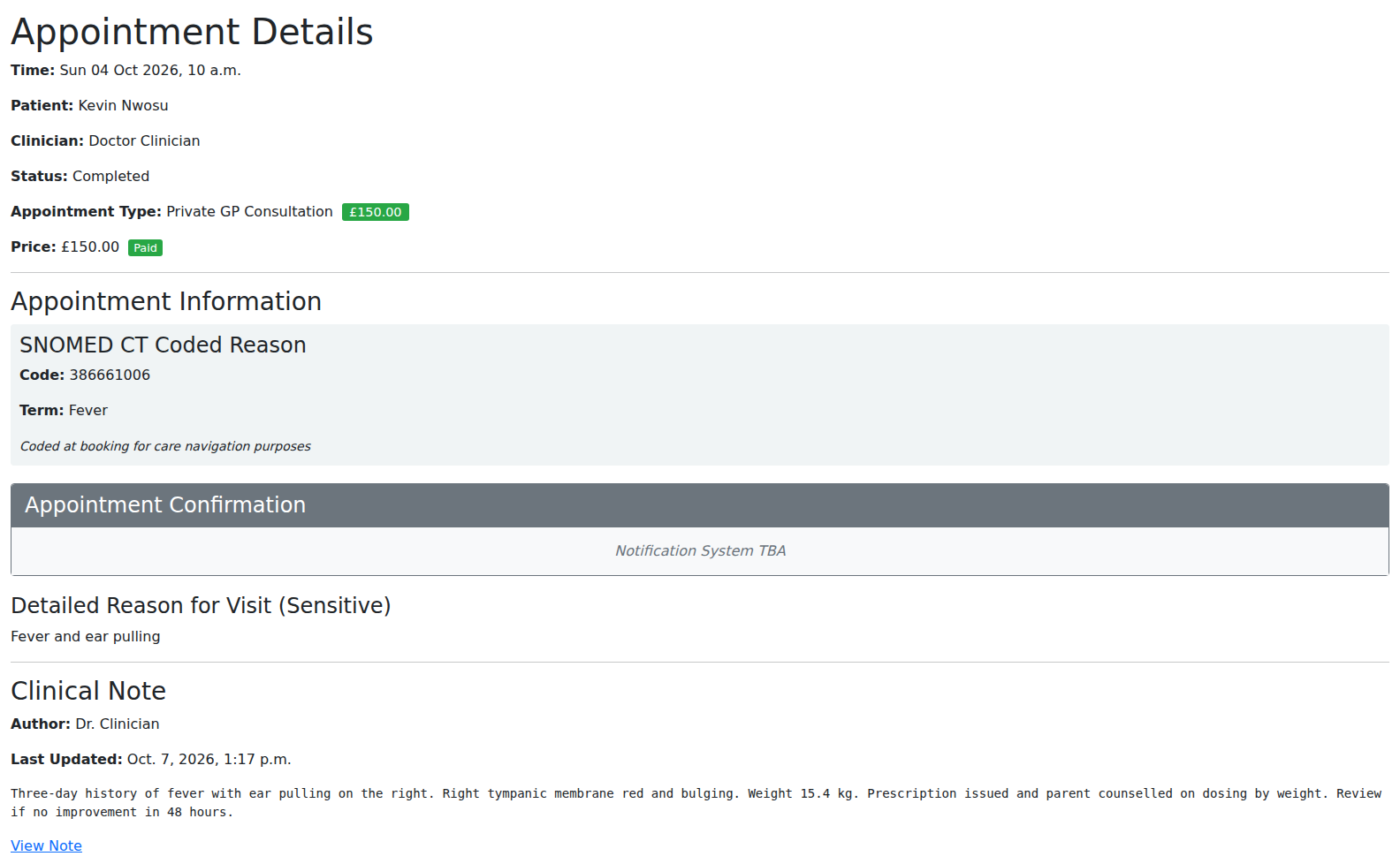 VeriPath Health Clinics — a saved note read on the appointment it belongs to: the author, the time it was last updated, the note itself and a single View Note link