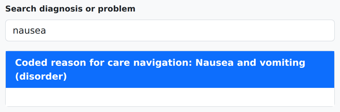 VeriPath Health Clinics — the booking form with a symptom coded: the search box holds the typed symptom and the coded reason for care navigation is filled in