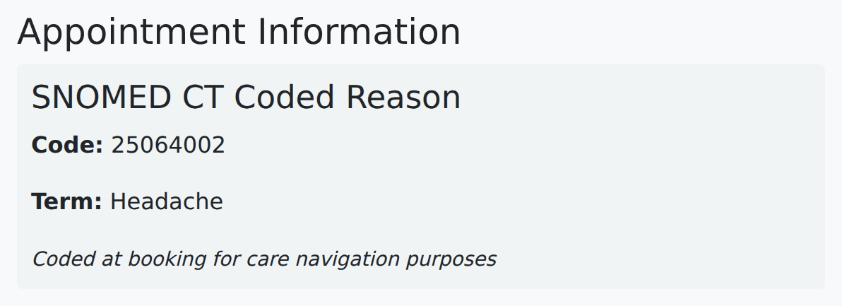 VeriPath Health Clinics — the coded reason on the appointment record: the SNOMED code and term, marked as coded at booking