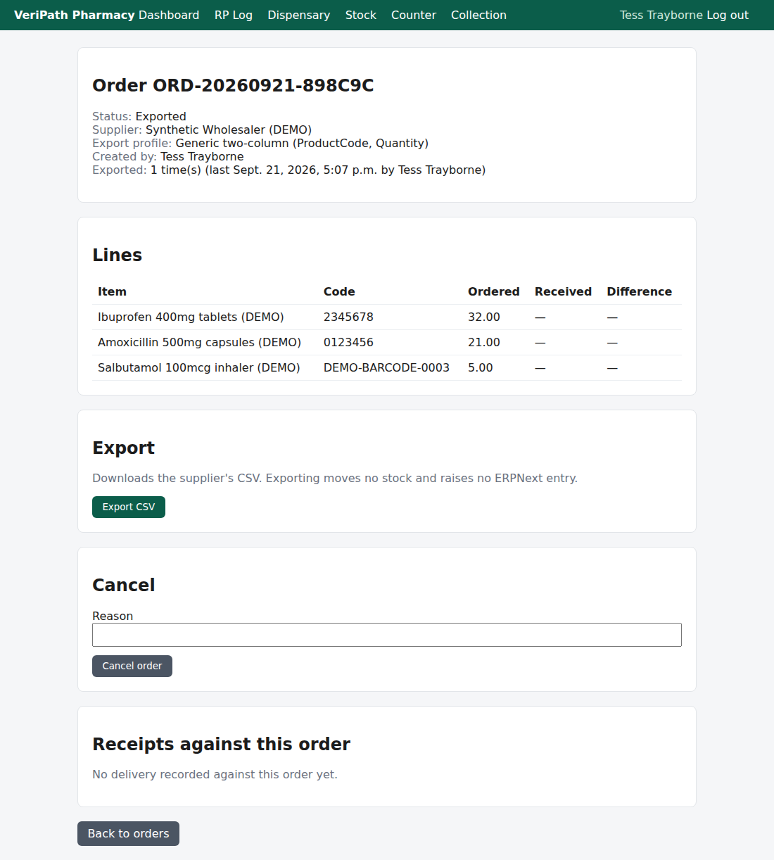 VeriPath Pharmacy — an exported order