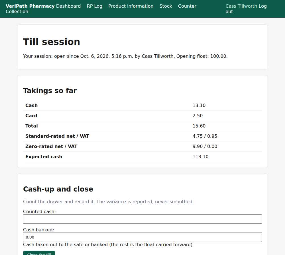 VeriPath Pharmacy — the holder, the float and the expected cash