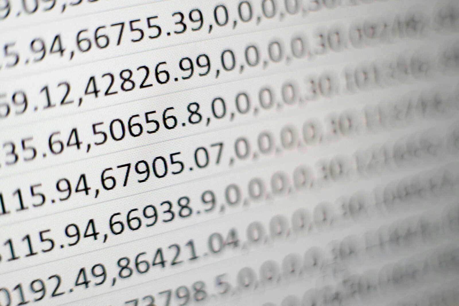 Rows of data on a computer screen, like a spreadsheet or database
