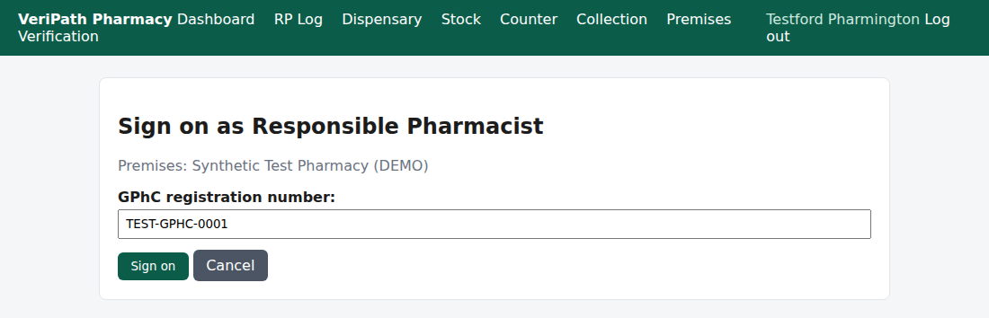 VeriPath Pharmacy — the sign-on form